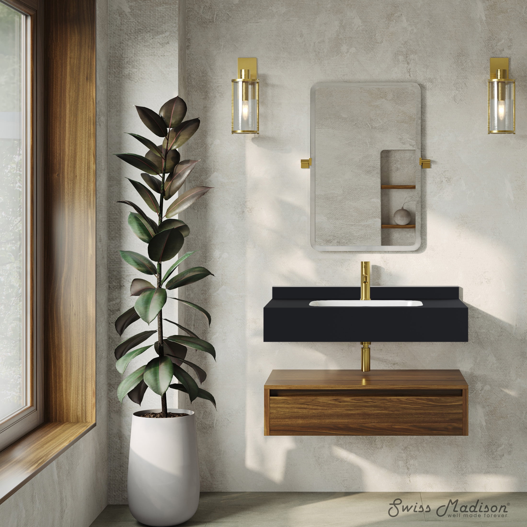 Avancer 36" Wall-Mounted Bathroom Vanity in Brown Oak with Black Marble Sink Top