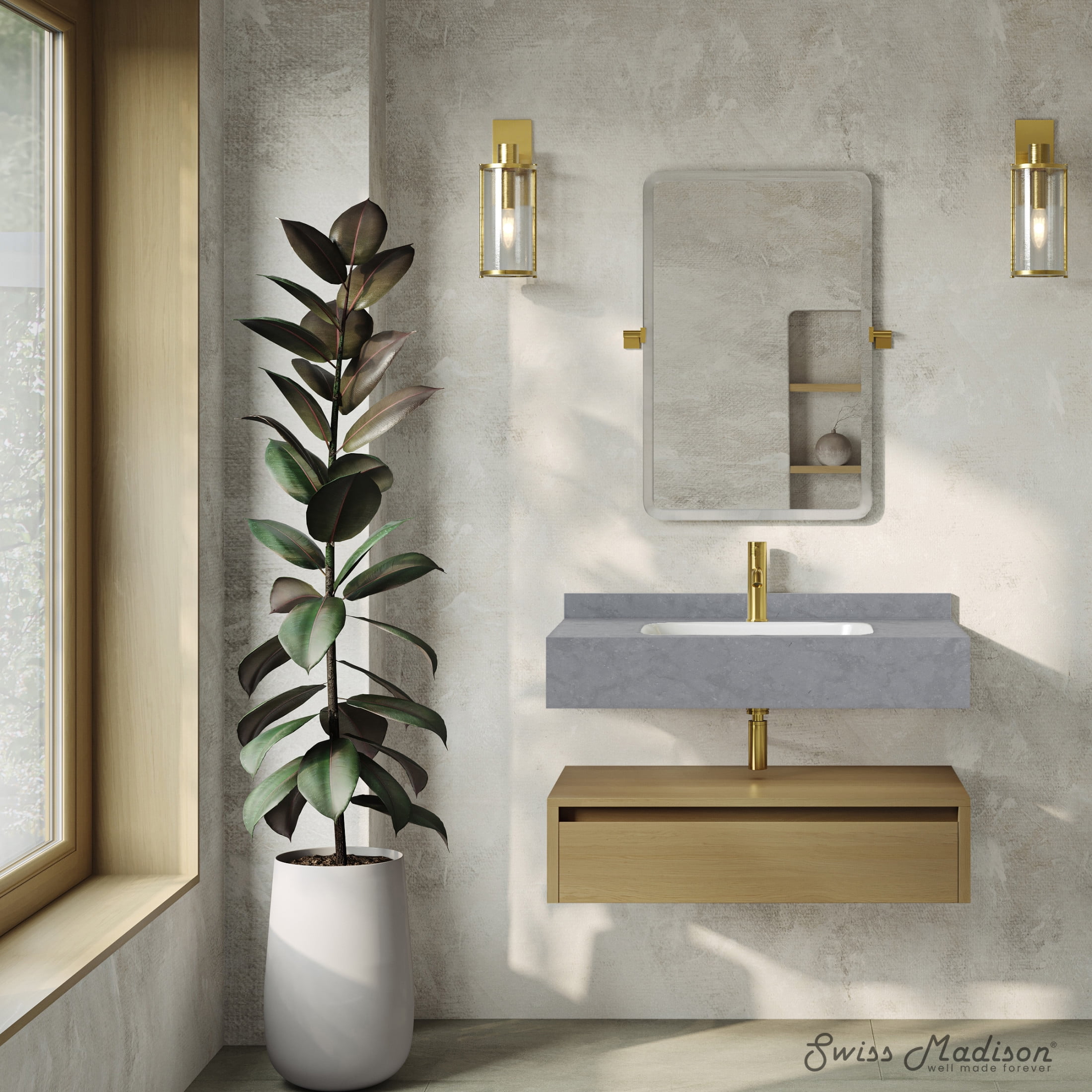 Avancer 36" Wall-Mounted Bathroom Vanity in Natural Oak with Charcoal Gray Sink Top
