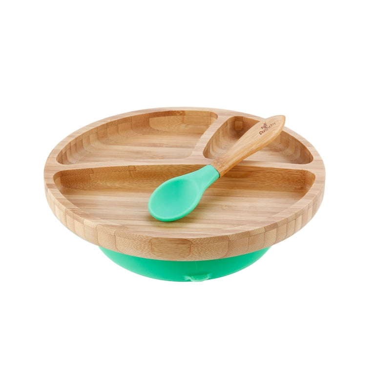 Avanchy Bamboo Stay Put Suction Toddler Plate + Spoon Green