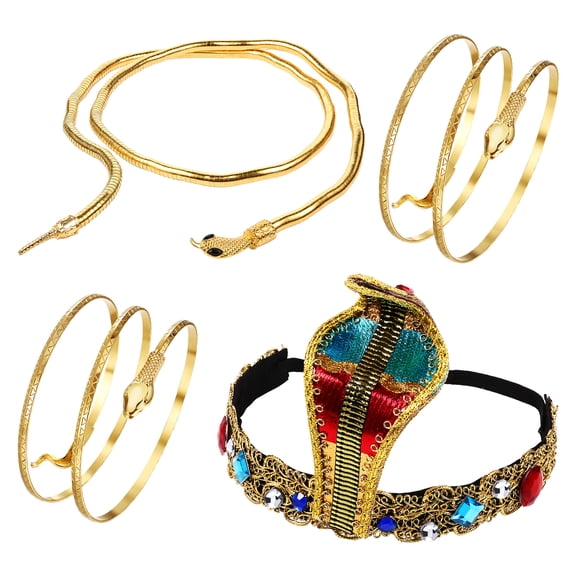 Avaner 4 Pieces Egyptian Cleopatra Costume Accessory Snake Stretch Headband Headpiece Metal Cobra Upper Arm Cuff Bracelet Necklace for Women