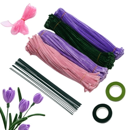 Avaner 400 Pcs Pipe Cleaners Craft,4 Assorted Colors Pipe Cleaners Bulk, Chenille Stems for DIY Flower Making Kit with Floral Wires, Gardening Tape,Stamen& Ribbon