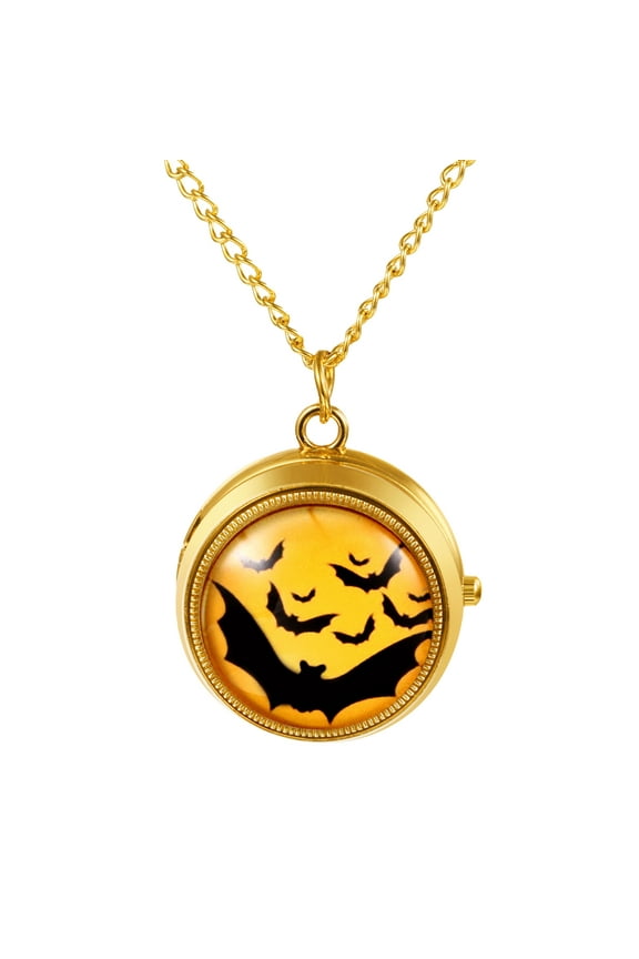 Analog Quartz Halloween Bat Ornament Pocket Watch Necklace Unisex with Arabic Numeral Dial with Rotating Ornament for Men Women- Home Leisure