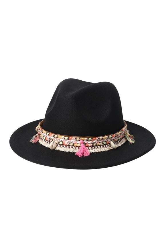 Bohemian Flat Brim Fedora Hat for Women Men: Colorful Woven Ribbon Tassel Wide Brim Panama Hat - for Casual Outing