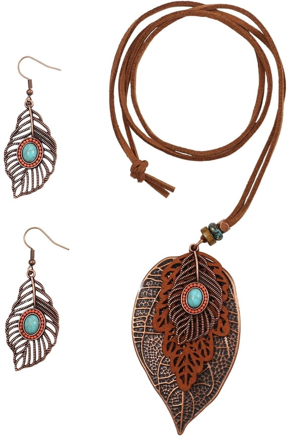 Boho Necklace Earrings Set for Women: Vintage Leather Leaf Dangle Tribal Drop Earrings Necklaces Pendant Turquoise Wood Bead for Mother's Day Christmas
