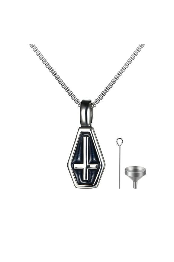 Coffin Inverted Cross Necklace, Urn Pendant Necklace for Men Women Both Sided Stainless Steel Antique Halloween Cocktail Party Bloody Vintage Pendant