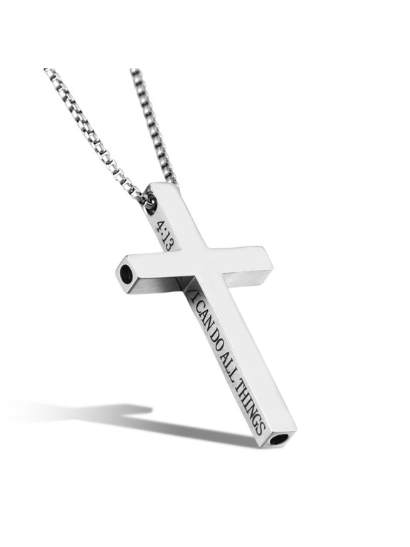 Cross Breathing Anxiety Necklace: I Can Do All Things Engraved Pendant Stainless Steel Silent Whistle