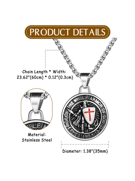 Cross Pendant Necklace, Shield of Faith, Religious Amulet, Knights Templar Crusader, Stainless Steel 24" Chain