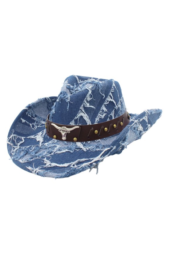 Distressed Cowboy Hat for Men Women: Bull Head Rivet Belt Decor Western Retro Style Outdoor Sun Hat - Fashion Accessory