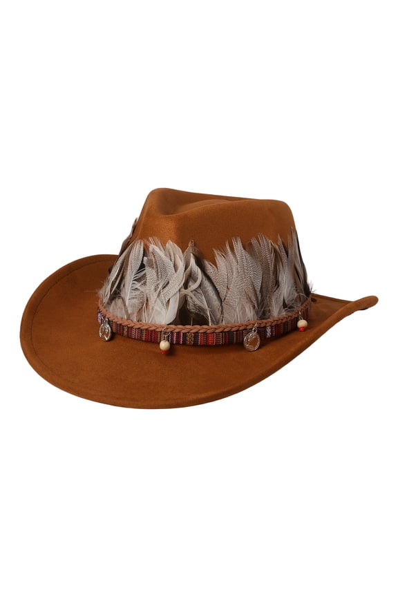 Faux Suede Western Cowboy Hat for Men Women: Feather Ethnic Decor Wide Brim Fedora,Unisex