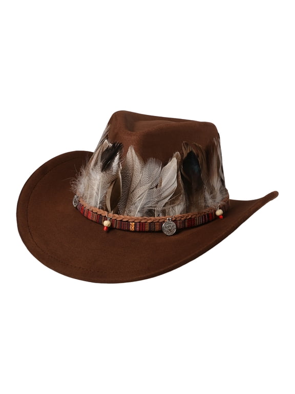 Faux Suede Western Cowboy Hat for Men Women: Feather Ethnic Decor Wide Brim Fedora,Unisex