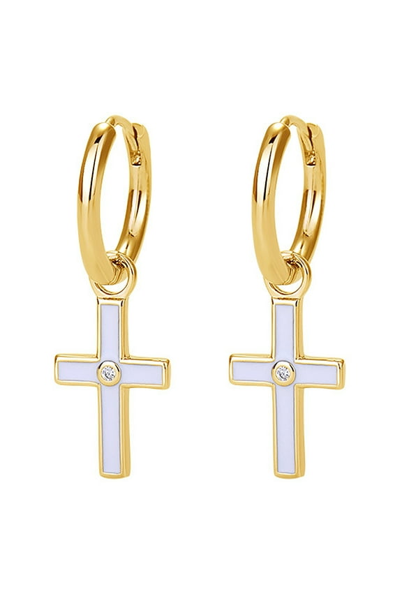 Gold Dangle Hoop for Women, 925 Sterling Silver Cross Earrings, Hypoallergenic Urban Street-wear Hinged Hanging Earring