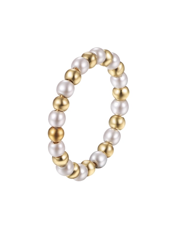 Gold Imitation Pearl Rings for Women: Dainty Stainless Steel Stackable Beaded Pearl Ring Stacking Statement Promise Wedding Band Birthday Jewelry Gifts