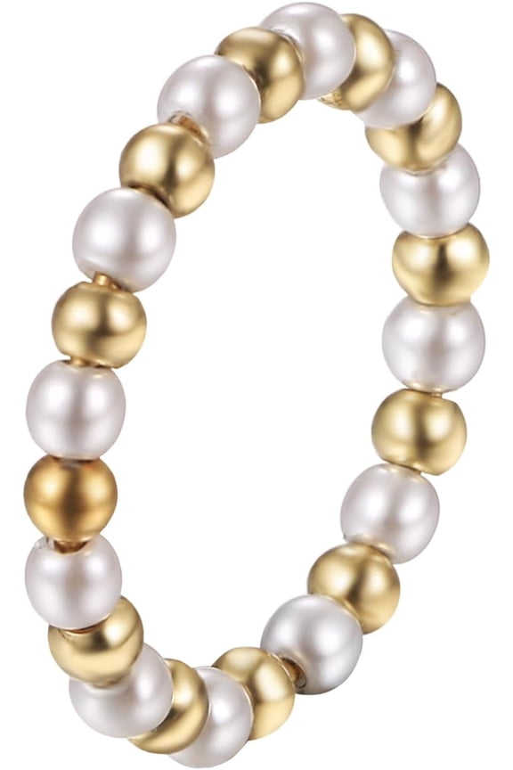 Gold Imitation Pearl Rings for Women: Dainty Stainless Steel Stackable Beaded Pearl Ring Stacking Statement Promise Wedding Band Birthday Jewelry Gifts