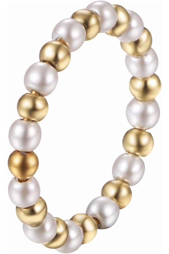 Gold Imitation Pearl Rings for Women: Dainty Stainless Steel Stackable Beaded Pearl Ring Stacking Statement Promise Wedding Band Birthday Jewelry Gifts