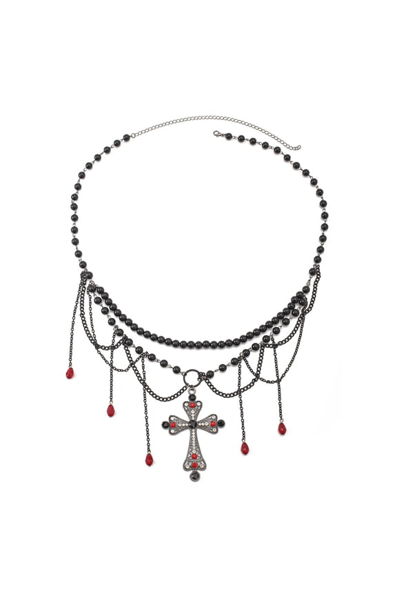 Gothic Cross Waist Chain for Women: Punk Red Beaded Teardrop Tassel Body Chain Belt for Women Adjustable Goth Emo Rock Necklace Halloween Christmas Jewelry Gift