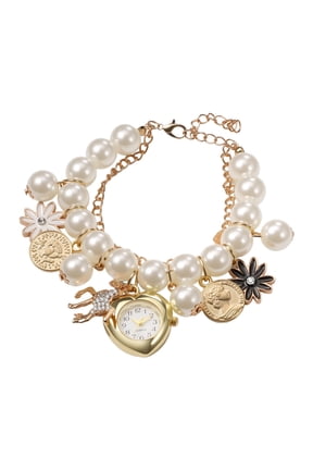 Imitation Pearl Flower Horse Beaded Bracelet Watch: Enamel Daisy Layered Teardrop Pendant Small Watch, Analog Quartz Gift for Women