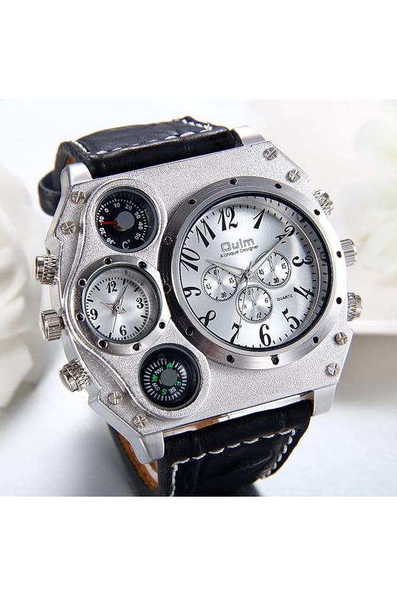 Large Dial Watch for Men, Dual Time Zone Leather Strap Sports Watch with Compass Thermometer Dial