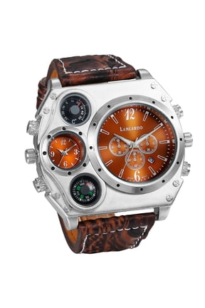 Large Dial Watch for Men, Dual Time Zone Leather Strap Sports Watch with Compass Thermometer Dial