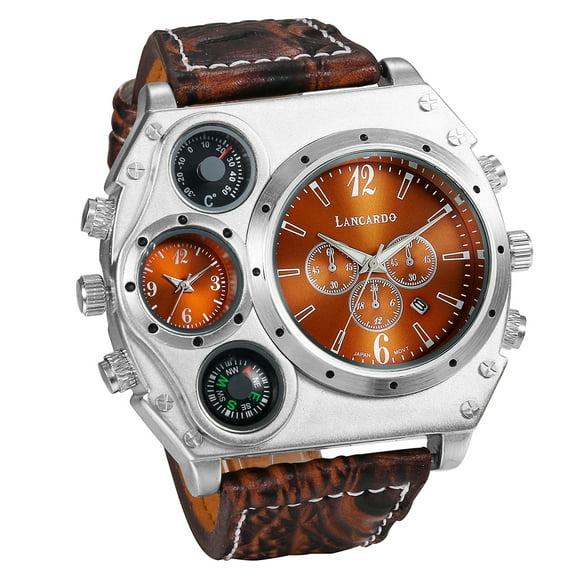Avaner Large Dial Watch for Men, Dual Time Zone Leather Strap Sports Watch with Compass Thermometer Dial