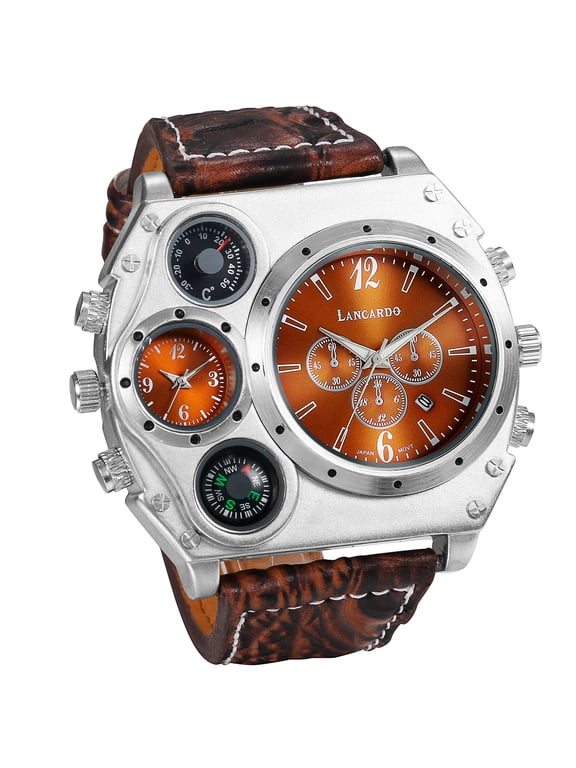 Large Dial Watch for Men, Dual Time Zone Leather Strap Sports Watch with Compass Thermometer Dial