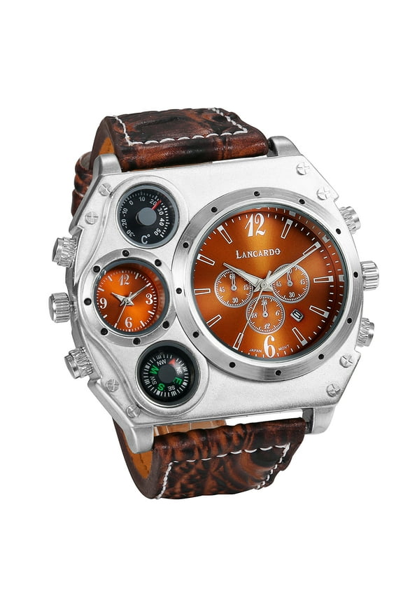 Large Dial Watch for Men, Dual Time Zone Leather Strap Sports Watch with Compass Thermometer Dial