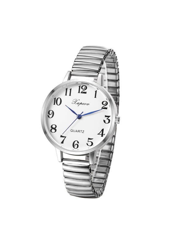 Large dial elastic watch: Women's Easy Reader Analog Watch Gold Silver Plated Elastic Band Wristwatch