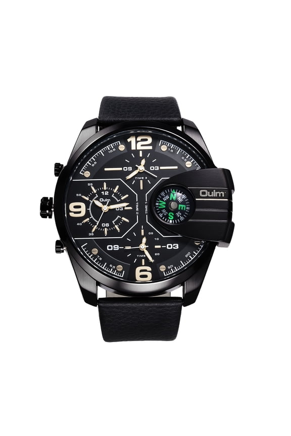 Leather Three Eyes Watch for Men: Quartz Triple Movement Sports Multi Time Zone Large Dial Easy Read PU Strap Compass Decoration Analog Outdoor Wristwatch