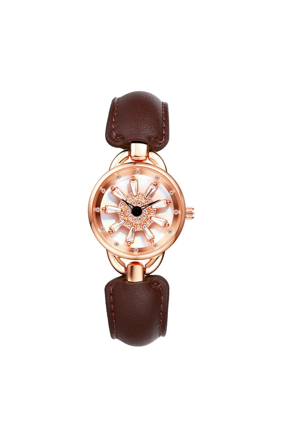 Leather Watches for Women: Brown Ladies Rotatable Decompression Crystal Dial Quartz Diamond Shell Face Lucky Spinning Dial Bracelet Wristwatch Gift