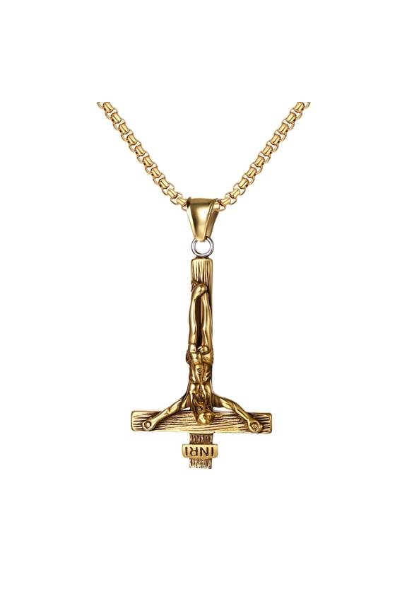 Men Crucifix Cross Pendant with Chain Baptism Christian Jewelry Stainless Steel Gold Antique Jesus Necklace, Gift Packed,Length 24"