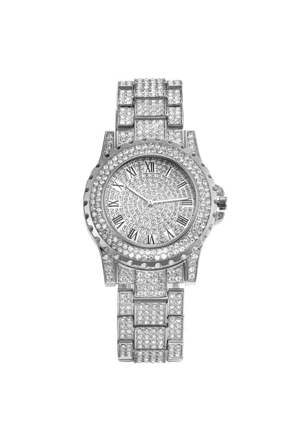 Men Quartz Watches Roman Numerals Stylish Full Rhinestones Dial and Full Rhinestones Strap Round Watch Stainless Steel Wristwatch