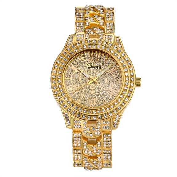 Avaner Men Quartz Watches Roman Numerals Stylish Full Rhinestones Dial and Full Rhinestones Strap Round Watch Stainless Steel Wristwatch