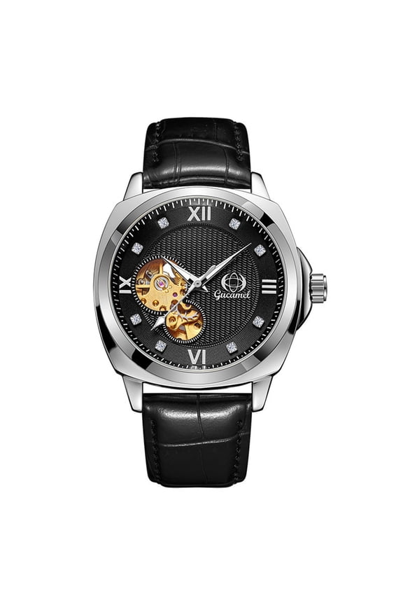 Men's Automatic Mechanical Square Case Genuine Leather Business Watch with Rhinestone Markers Luminous Hands