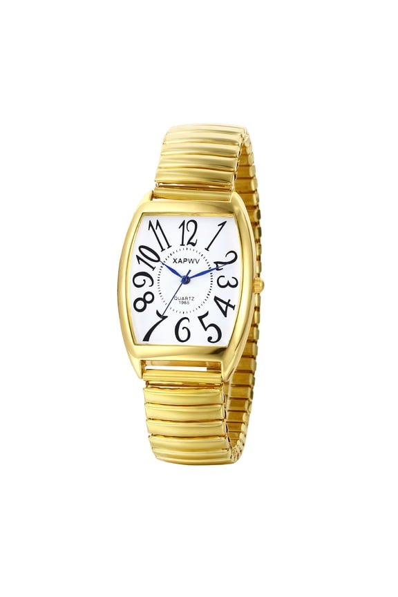 Men's Big Dial Easy Reader Quartz Tonneau Watch Gold/Silver Tone Elastic Band Square Wristwatch