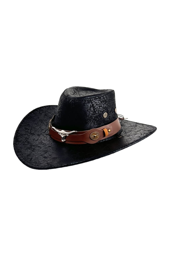 Men's Faux Leather Cowboy Hat with Bull's Head Decoration: Western Wide-Brimmed Hat with Windproof Strap - for Holidays, Outdoor Activities, and Everyday Wear