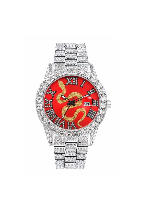 Men's Luxury Rhinestone Watch: Full Rhinestone Case Roman Numeral Snake Dial, Calendar, 3AM, Silver