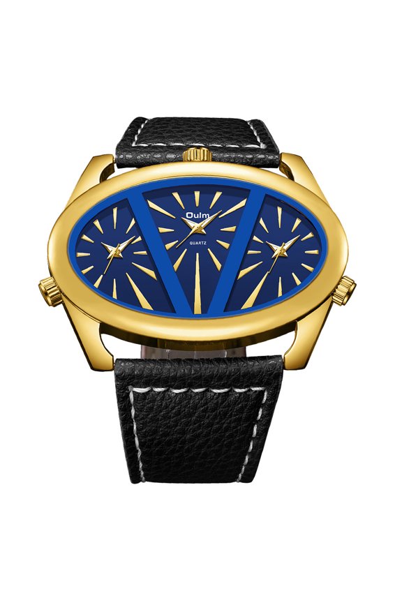 Men's Multi-Time Zone Watch: Triple Sub Dial Display Genuine Leather Strap Oversized Oval Case Motorcycle Analog Quartz Wristwatch for Men