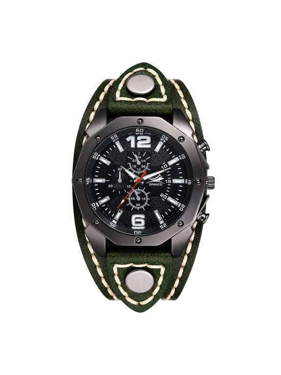Men's Round Steampunk Watch, Analog Quartz, Wide Leather Band, Bar-shaped Dial- Halloween Gift