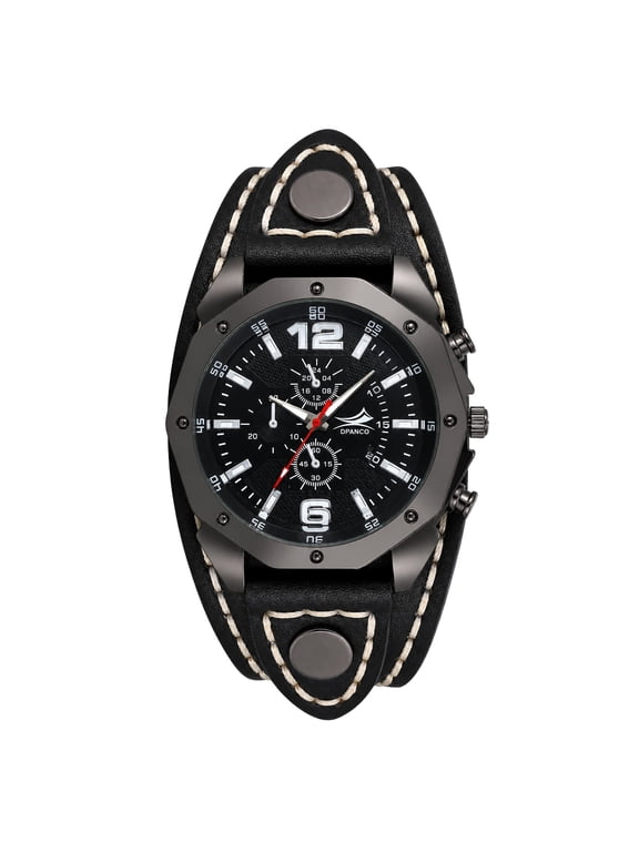 Men's Round Steampunk Watch, Analog Quartz, Wide Leather Band, Bar-shaped Dial- Halloween Gift