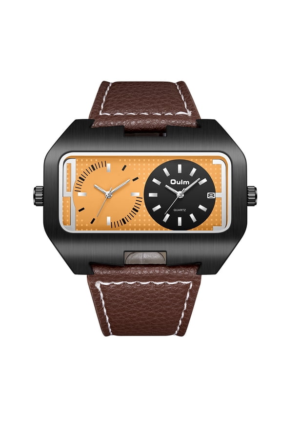 Men's Square Dual Watch: Dual Time Zone Display Calendar Genuine Leather Strap Motorcycle Style Large Face Wristwatch for Men