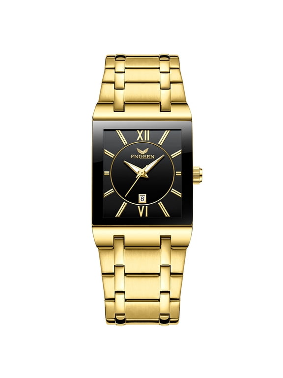 Men's Square Watch, Stainless Steel Band Watch, Analog Quartz Wrist Watch for Men with Calendar and Luminous hands
