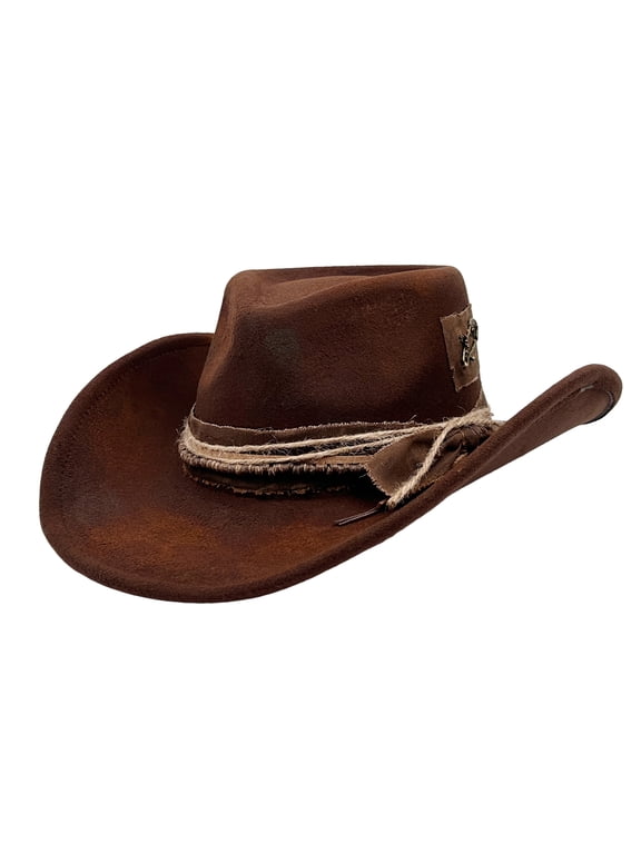 Men's Vintage Distressed Western Felt Hat: Classic Faux Suede Wide Brim with Fringe Braided Decor for Outdoor Travel, Coffee