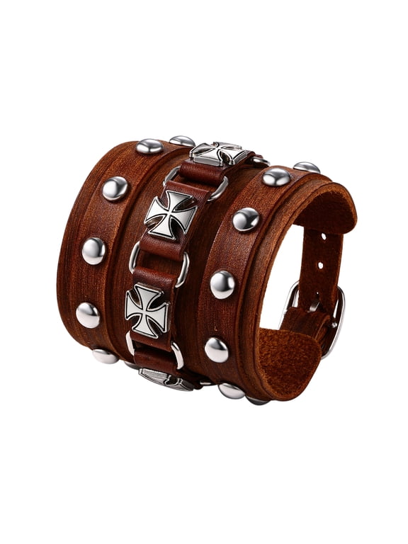 Men's Wide Cuff Wristband Punk Rock Motorbike Cross Wide Belt Leather Bracelet