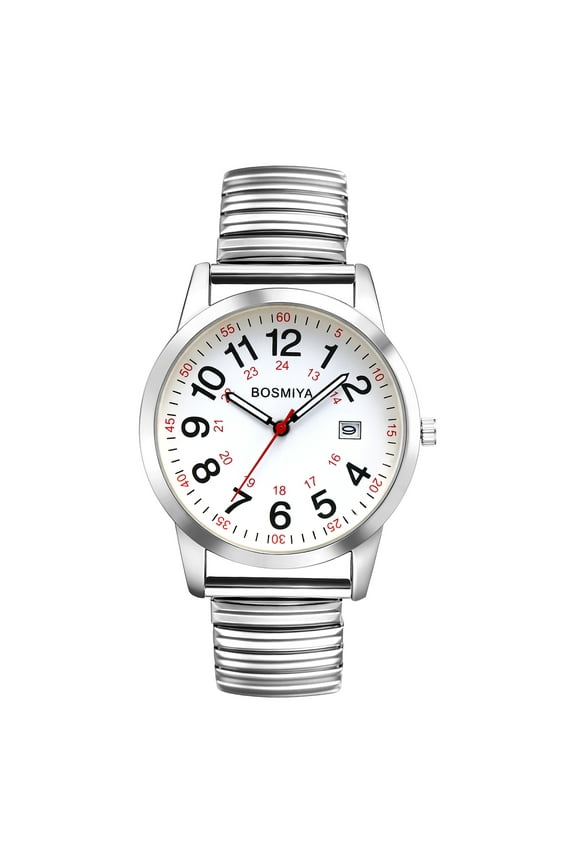 Men's elastic strap watch with Big Dial Easy Reader, Round Quartz Watch Gold/Silver Tone Elastic Band Wristwatch