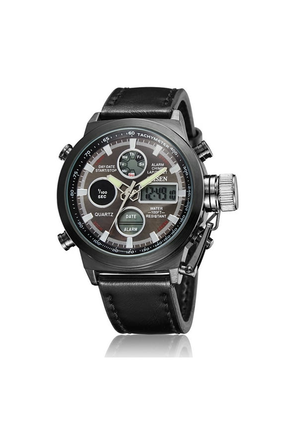 Mens Multifunctional Military Watch: Analog Digital Dual Time Calendar Waterproof Casual Sports Leather Analog Quartz Wristwatch