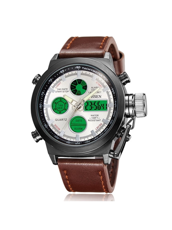 Mens Multifunctional Military Watch: Analog Digital Dual Time Calendar Waterproof Casual Sports Leather Analog Quartz Wristwatch