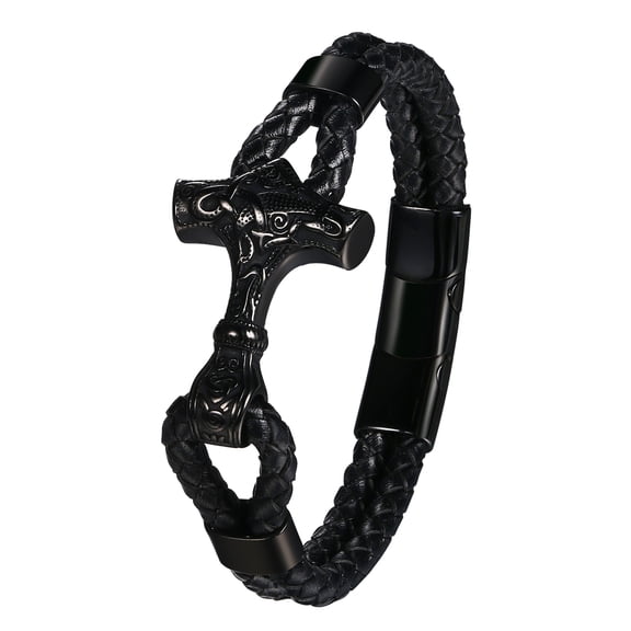 Avaner Mens Vintage Thor's Hammer Bracelets: Gothic Punk Leather Braided Wrap Cuff Wristband with Buckle Norse Amulet Jewelry Gifts for Father Husband Lover and Friend