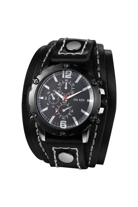 Mens Watches Vintage Punk Hiphop Gothic Wide Genuine Leather Fashion Cuff Round Quartz Wristwatch Big Dial Black Brown