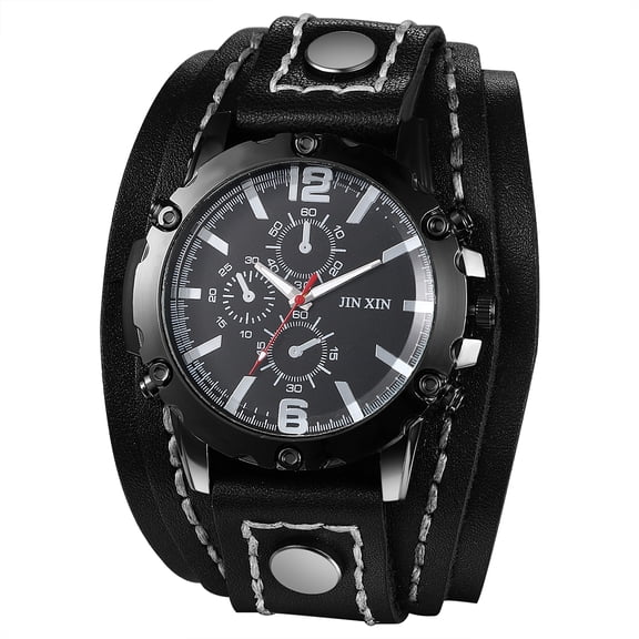 Avaner Mens Watches Vintage Punk Hiphop Gothic Wide Genuine Leather Fashion Cuff Round Quartz Wristwatch Big Dial Black Brown