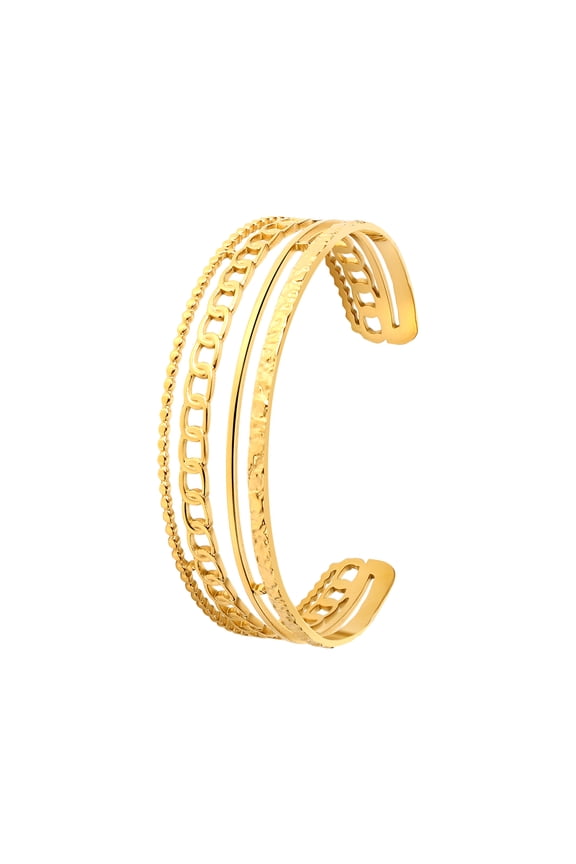 Multi-Layer Cuff Bangle Bracelet for Women: 14k Gold Plated 17mm Wide Layered Stainless Steel Charm Bridal Bracelets Jewelry Gifts for Womens Ladies