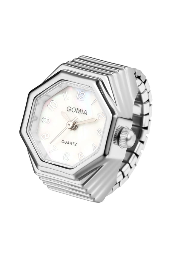 Octagonal Stainless Steel Elastic Band Finger Watch for Women: Analog Quartz Shell Surface Flexible Size Ring Watch - Home Leisure Work Four Seasons Universal
